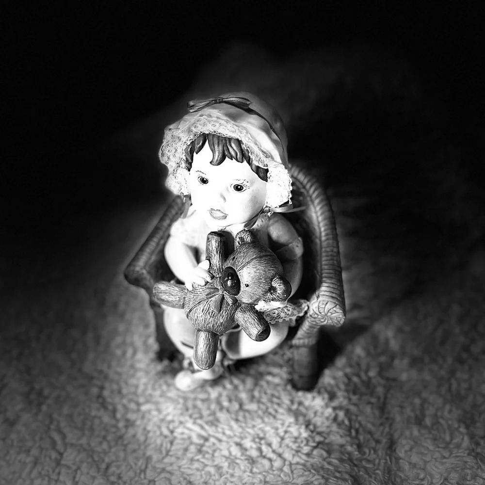 Rare Vintage Ceramic Girl in Wicker Chair Holding a Teddy Bear